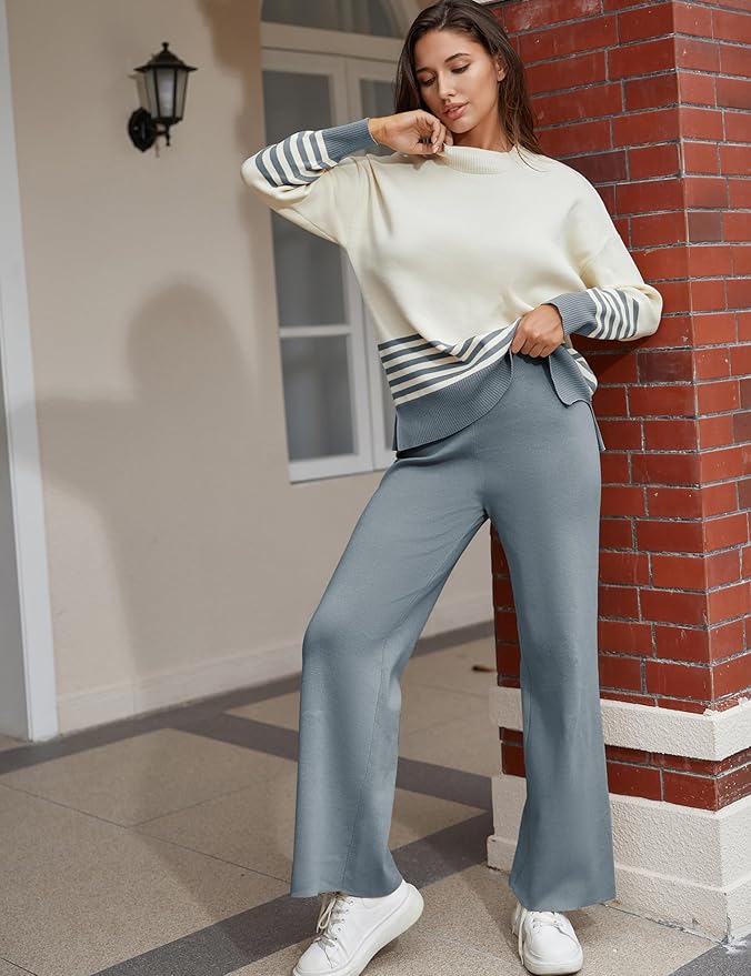 Tanming Women's Lounge Sets 2 Piece Outfits Knitted Pullover Sweater Tops Wide Leg Pants Tracksuit