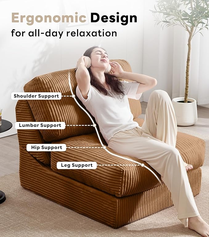 Tbfit 35.8'' Folding Sofa Bed, Convertible Sleeper Chair with Large Pillow, Corduroy Folding Couch Bed, Portable & Foldable Mattress Boneless Floor Sofa Set of 2, Brown