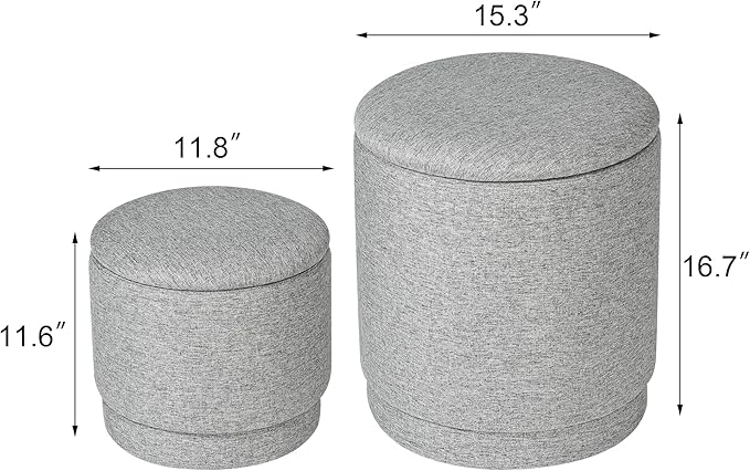 Homebeez Round Storage Ottoman Set of 2, Linen Cotton Fabric Stool with Removable Lid, Multifunctional Foot Rest Pouf for Living Room, Bedroom, Dorm, Supports 300 lbs, Gray