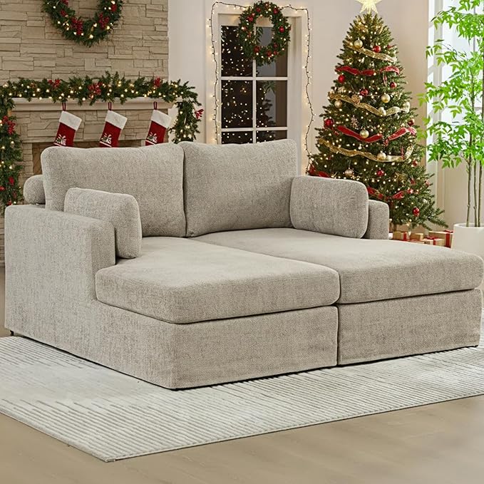 Arouseden 63"Oversized Chaise Lounge Taupe,Comfy Sectional Couches For Living room with Armrests and Throw Pillows,Wide Chaise Lounge Chair Indoor,Chenille Lounge Chair with Headrest for Neck Support