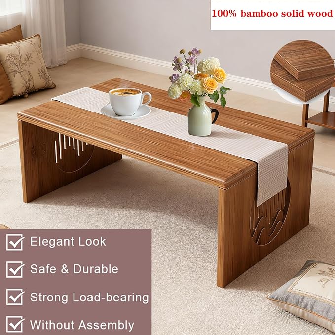 Japanese Floor Table Folding Coffee Table No Assembly, Solid Wood Small Coffee Table Meditation Table for Sitting on The Floor, Tea Room Tatami Dining, Portable & Easy Storage Compact Design