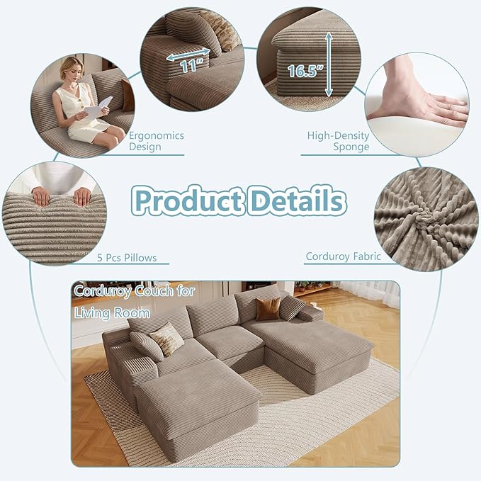 107" Cloud Sectional Couch with U-Shaped Chaise,Viral Corduroy Boneless Sofa with Ottoman,Memory Foam Couches in a Box with Deep Seat for Living Room,No Assembly Required (Camel,Right-Facing Chaise)