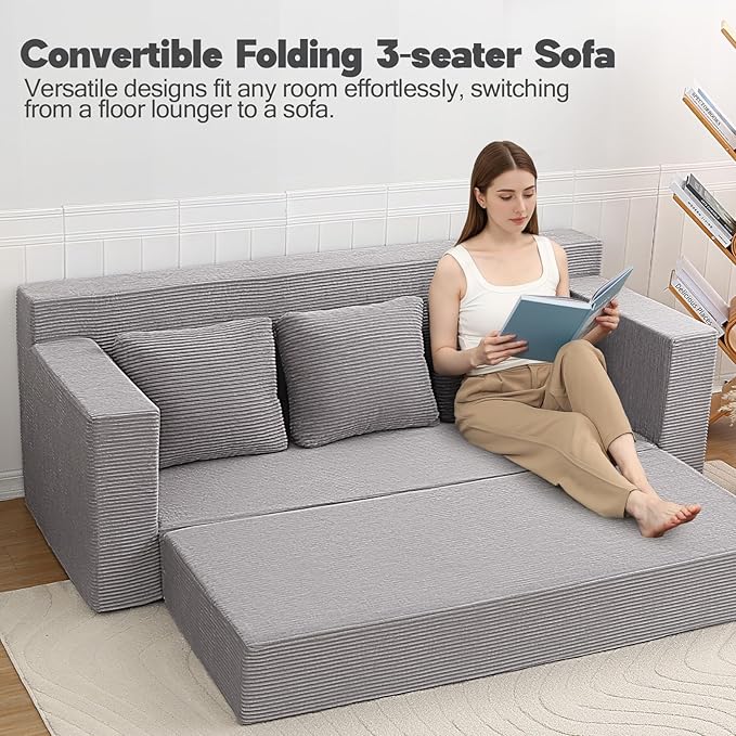 MeMoreCool Sleeper Sofa Bed – 3 Seater Convertible Floor Couch with Pillows, Grey Corduroy Foam Lounger, No Assembly Comfy Folding Futon | Space-Saving Foam Sofa for Small Rooms & Apartments