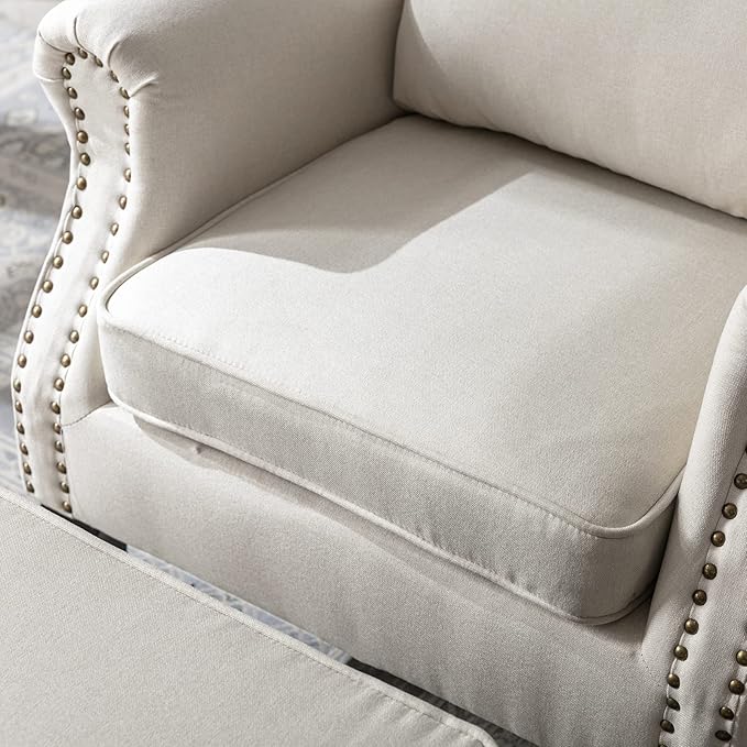 Janoray Mid Century Modern Accent Chair Upholstered Armchair Comfy Linen Fabric Tufted Wingback Single Sofa with Ottoman for Bedroom Living Room, Beige
