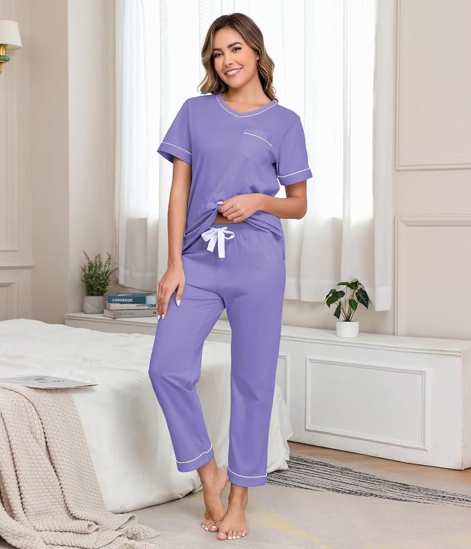 CF Women's 100% Cotton Pajama Sets Soft Short Sleeve Tops & Pants Comfy Sleepwear 2 Piece Lounge set with Pockets Loungewear