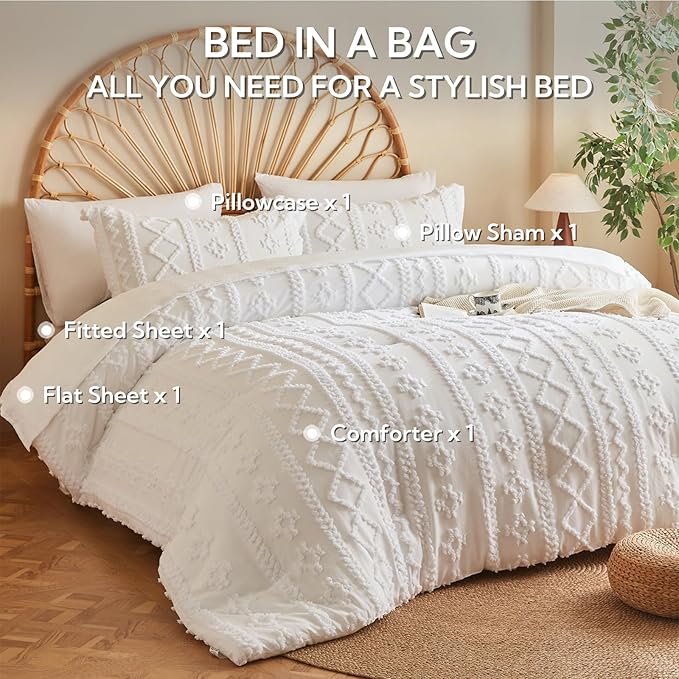 MR&HM White Twin XL Comforter Set for College Dorm, Boho Bedding Set, Bed in a Bag Set 5 Pieces with 1 Comforter, 1 Pillow Shams, 1 Pillowcases, 1 Flat Sheet, 1 Fitted Sheet for All Seasons