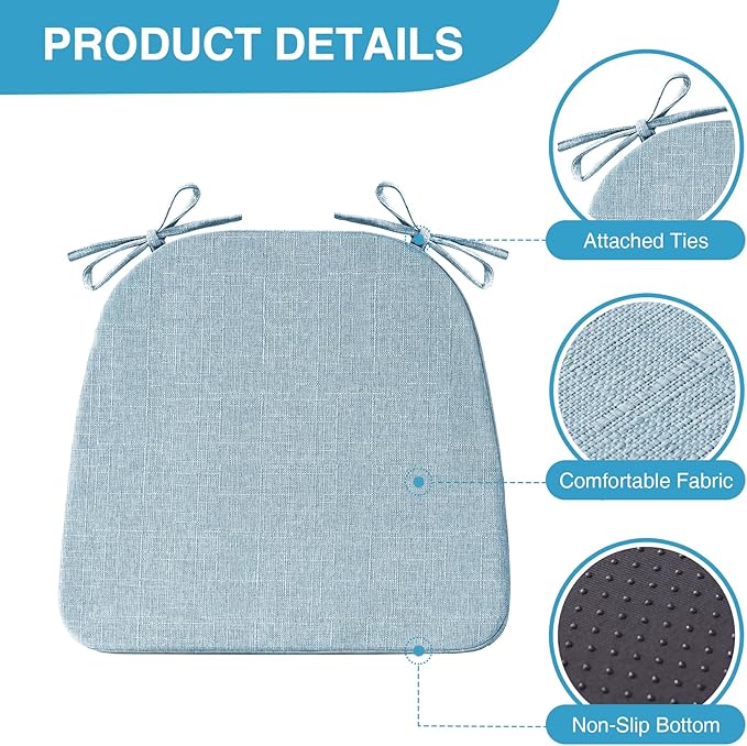 Chair Cushions for Dining Chairs Set of 4, Non Slip Kitchen Chair Pads, 17" x 16" x 2", Indoor Dining Chair Cushions with Ties, D-Shaped Seat Cushions for Kitchen Chairs, Light Blue