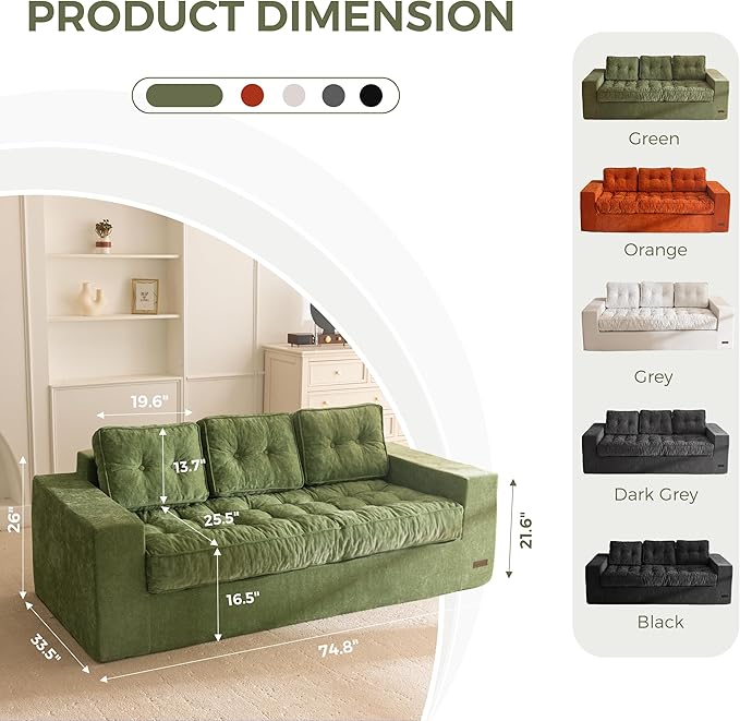 MAXYOYO Boneless Sofa Couch, Loveseat Sofa for Small Space, Tufted 3-Seater Floor Couch Bean Bag Chair for Living Room Bedroom Apartment, Sofa in a Box, No Assembly Needed, Green