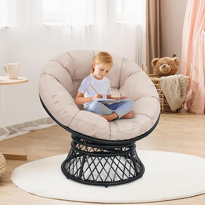 Kromax 40" Ergonomic Wicker Papasan Chair, 360° Swivel Round Egg Chair with Soft Thick Cushion, Indoor Outdoor Use for Living Room, Bedroom, Reading Room, Black Frame with Beige Cushion