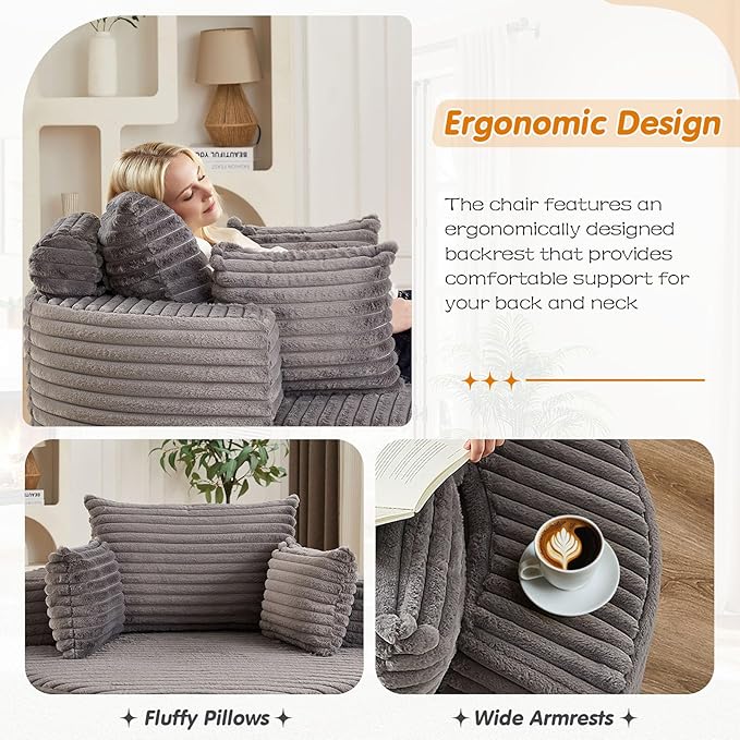 50"W Oversized Round Chaise Lounge Chair Indoor, Upholstered Corduroy Deep Seat Cloud Circle Sofa Chair, Modern Fluffy Comfy Floor Reading Armchair for Living Room, Bedroom, No Assembly Required, Grey