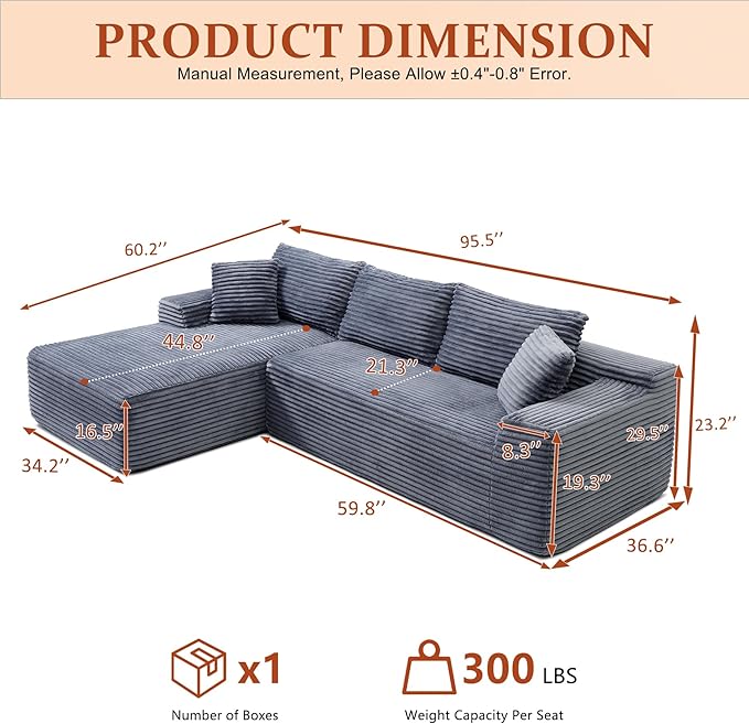 HYJT-H&K Modular Sectional Sofa Cloud Sectional Couch, 95" Comfy Fluffy L Shaped Grey Couches for Living Room, Deep Seat Memory Foam Plush Corduroy Boneless Couch Sectionals Left Facing Chaise Sofa