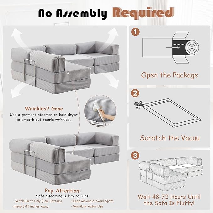 Modular Convertible Sofa Bed 106" L-Shaped with Reversible Chaise, Corduroy Floor Sleeper Boneless Couch, Folding Futon for Living Room, Apartment, Small Spaces, No Assembly Required, Grey