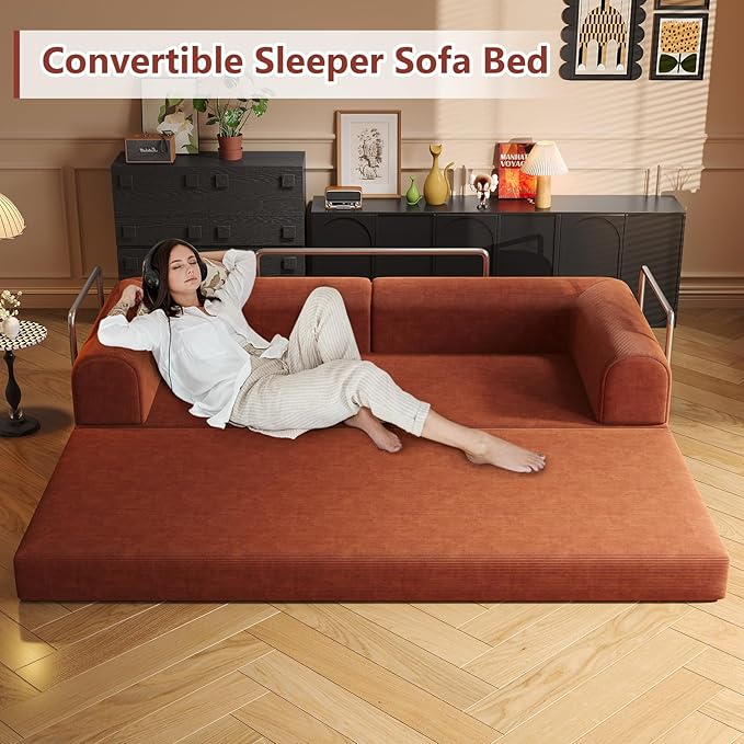 Convertible Sleeper Sofa Bed Boneless Cloud Comfort Orange Futon Couch for Lounging & Sleeping, Removable & Washable Corduroy Sofa Cover, Floor Sofa Folding Mattress for Guests, Small Spaces