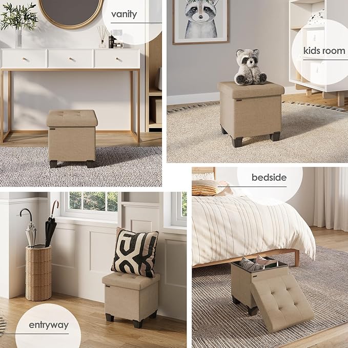 Storage Ottoman Cube with Small Bin, 16-in Square Ottoman with Storage for Living Room and Bedroom, Small Ottomans Foot Rest, Fabric Foot Stools Ottomans Max 330lbs, Taupe