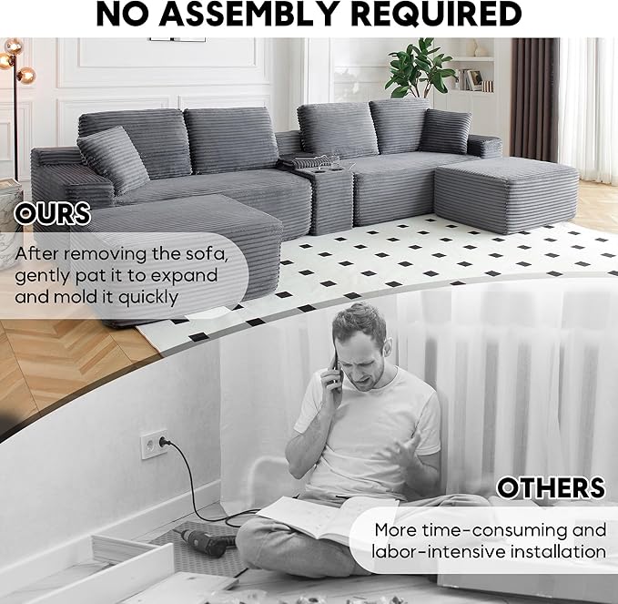 125” Oversized Modular Sectional Sofa, Deep Seat Corduroy Cloud Couch with Cup Holders, USB Ports & Storage Box, Sleeper Sofa Couch Boneless Couches for Living Room, No Assembly Required (Grey)