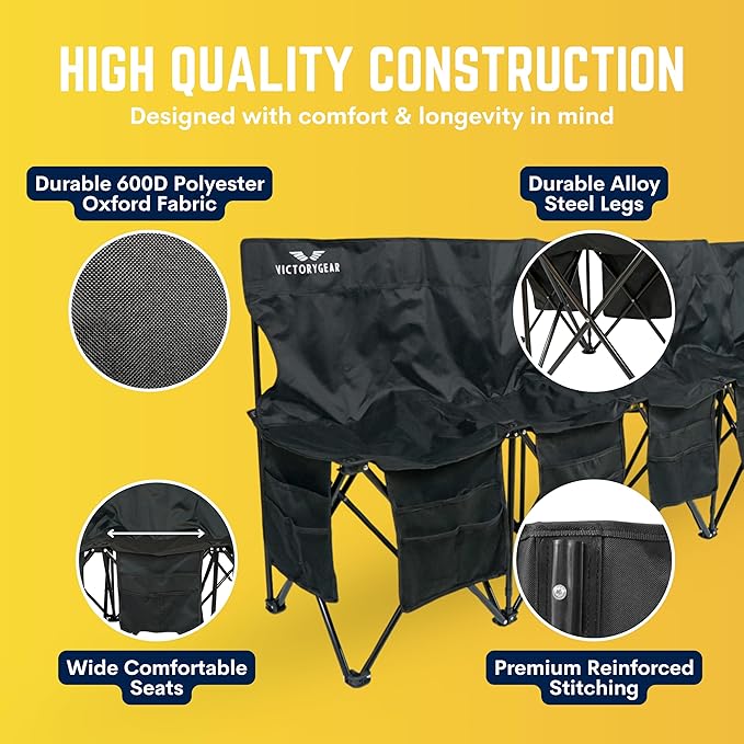 VictoryGear Portable Soccer Bench – 6 Seat Folding Team Chair with 8 Pockets & Carrying Bag – Lightweight Sideline Seating for Soccer, Baseball, Camping, Outdoor Events