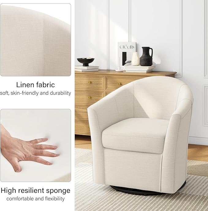 DREAMSIDEA Swivel Accent Chair Armchair, Modern Round Single Sofa Seating Comfy Reading Barrel Chairs for Living Room Bedroom (Beige, Set of 1)