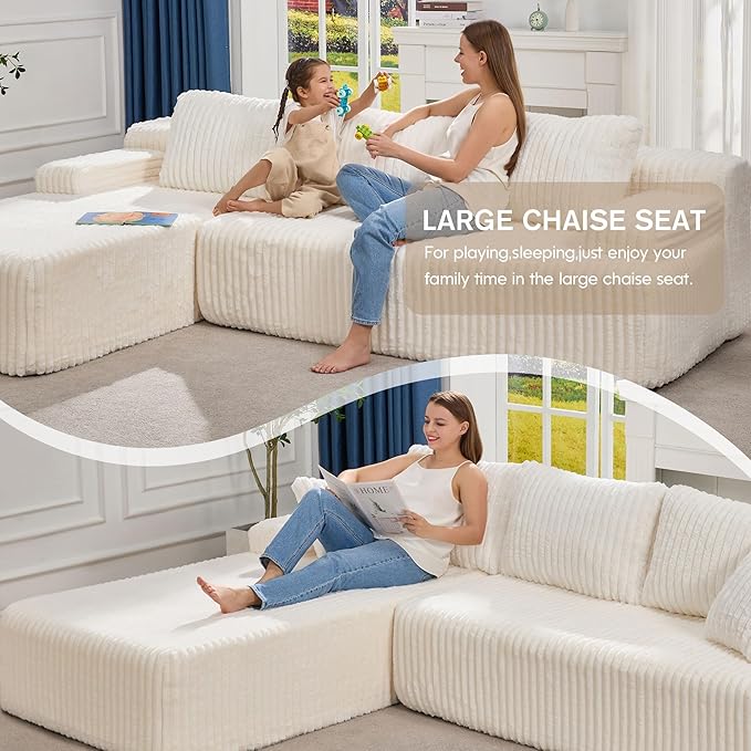 Modular Sectional Sofa Couches L-Shape Couch 3 Seat Modular Sofa Memory Foam Sectional Couches for Living Room, Cloud Couch with Oversized Chaise (White Stripe, 108" Left Facing Chaise)