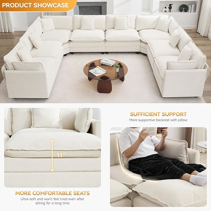 147'' Oversized U Shaped Cloud Sectional Sofa, Chenille Deep Seat Couches for Living Room, Comfy Upholstered Modular Sectional Sofa Couch, Beige