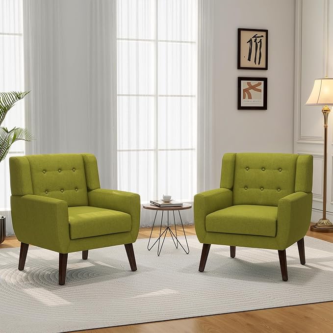 Accent Chair, Mid-Century Modern Fabric Chairs with Arms for Living Room, Comfy Upholstered Club Single Sofa Armchair for Bedroom Waiting Room with Solid Wood Frame (Fabric Green, Set of 1)