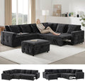 Furnimart Oversized Modular Sectional Pull-Out Sofa with Flip-up Table Panel, Reading Lamp, Charging Ports, Movable Storage Ottoman, Tufted Design, 6 Pillows, Free Combination, Chenille Beige