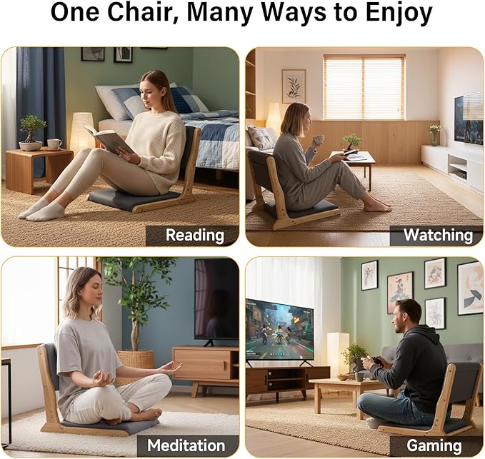 Tiita Foldable Tatami Chair, Japanese loor Chair, Wood Legless Back Rest Chairs with Cushion, Accent Meditation Floor Chairs Bay Window, Wood Dark Grey