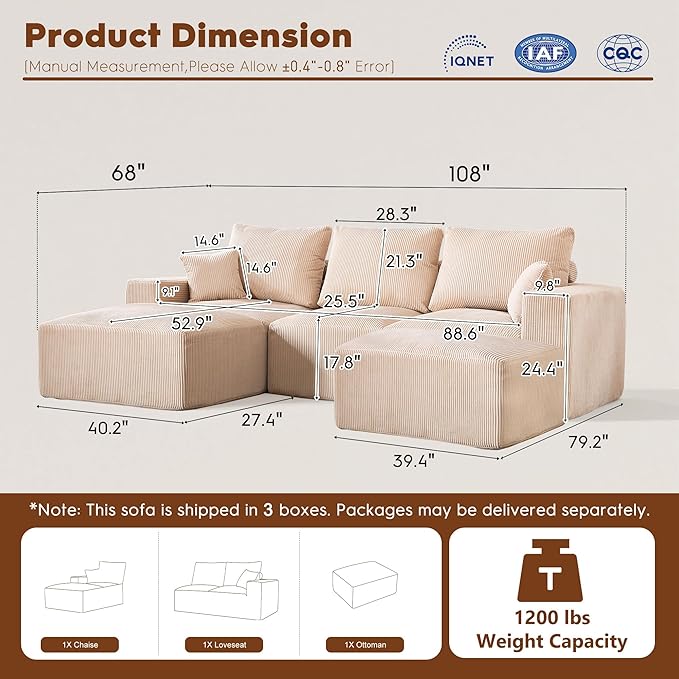 108” U-Shaped Sectional Sofa Couch with High-Seat, Corduroy Modular Cloud Sofa with Chaise ‌and Ottoman, Modern Couches for Living Room, No Assembly Require, Oatmeal