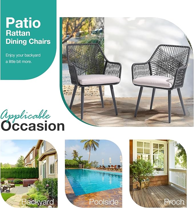 Patiorama Patio Dining Chair Set of 4, Woven Rope Outdoor Dining Chairs w/Steel Frame, All-Weather Twisted Rattan Chairs w/Armrest & Cushion, Outdoor Dining Wicker Chairs for Backyard Garden(Black)