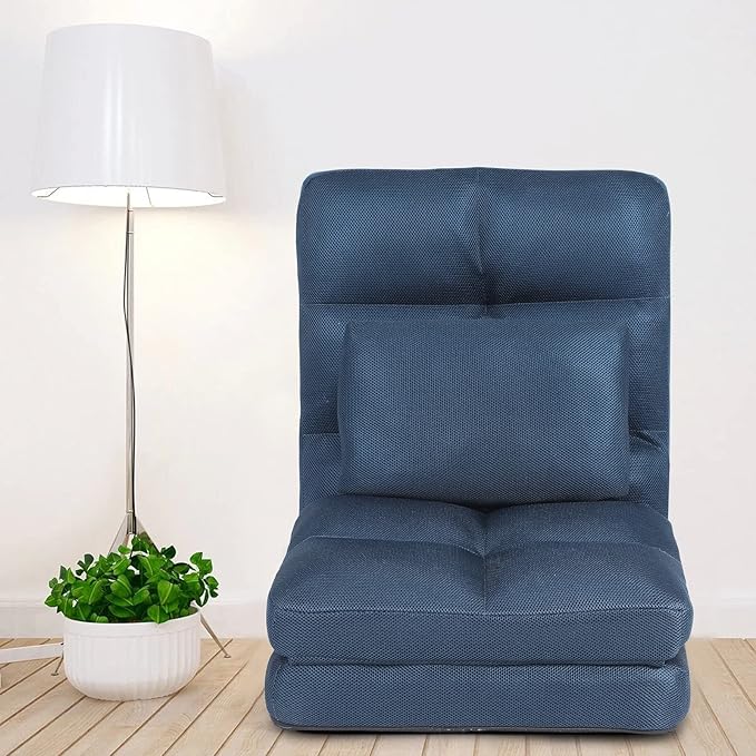 Indoor Chaise Lounge Sofa, Floor Chair with Back Support for Adults, 14 Angle Adjustment Recliner Chair, Folding Floor Lounger with Pillow 8823(Blue-2)