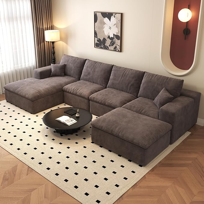 136.6'' U-Shaped Modern Modular Sectional Cloud Couch Whit Ottoman, 4-Seat Chenille Deep-Seat Sofa with Pillow for Living Room, Bedroom, Apartment, Camel