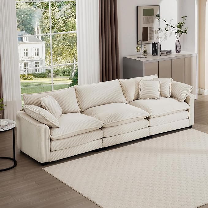 Aoowow Corduroy 3 Seater Sofa Couch,Modern Large Cloud Couches for Living Room,Modular Sectional Cloud Sofas with Deep Seat,Oversized Tufted 3 Seat Sofa Set. (Beige, 3 Seater)