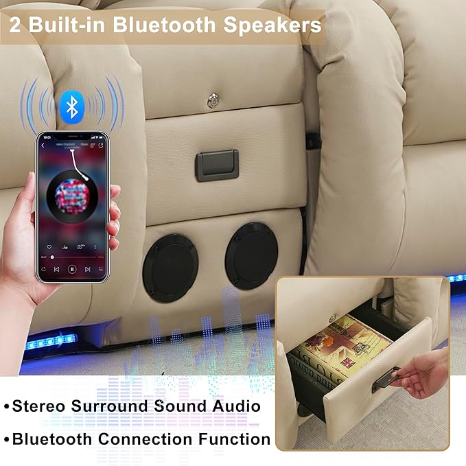 URRED Loveseat Recliner Sofa with Massage and Heat, Power Reclining Loveseat Sofa RV Couch with Console, Home Theater Seating with LED Lights, Bluetooth Speakers, USB, Outlets, Leathaire Beige