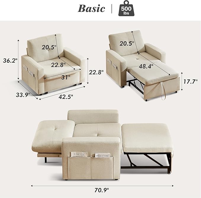 WEUP 42.5" Sleeper Sofa Chair Bed, 3-in-1 Convertible Sleeper Chair with Pull Out Bed, Adjustable Reclining Backrest, Side Pockets, Basic Beige