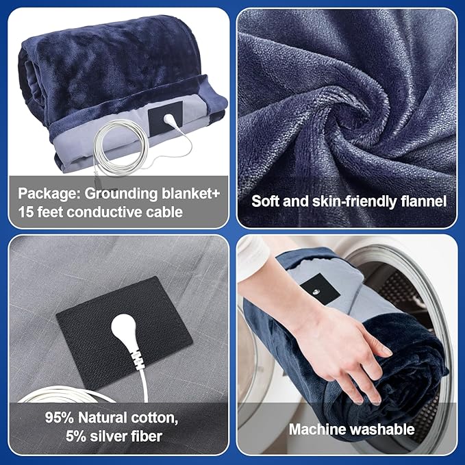 CHIAOCHUTTY Grounding Blanket 79×55 inch Grounding Mat for Bed Grounding Sheet with Conductive Silver Fiber for Better Sleep, Pain Relief, Helps Anxiety Relief (Blue)