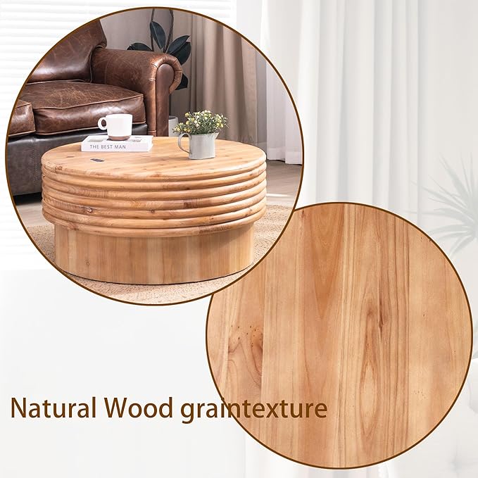 30.3" Round Wooden Coffee Table with Hidden Storage,Modern Rustic Centerpiece for Living Room,Natural Finish