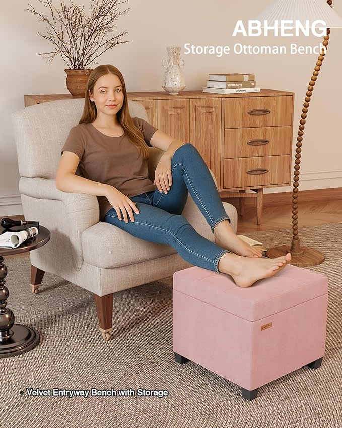 ABHENG 17.7 inches Velvet turfed Ottomans Cube with Storage, Metal-Framed Square Storage Ottoman Foot Rest Stool Holds 770 LB for Dorm Living Room Bedroom Pink UASND64P
