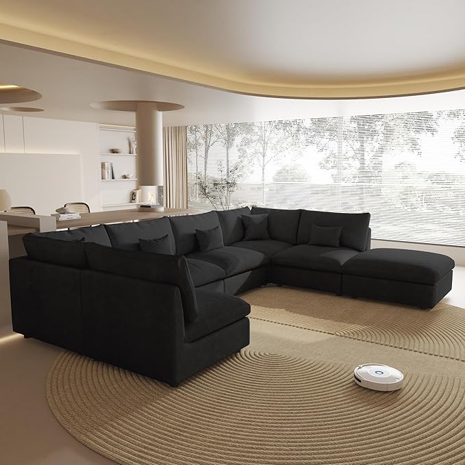 Modular Cloud Sofa, 154" Cloud Sectional Couches with Deep Seat, Linen U-Shape 6-Seater Couch with Ottoman for Living Room, Washable Cover, Wide Armrest in Black