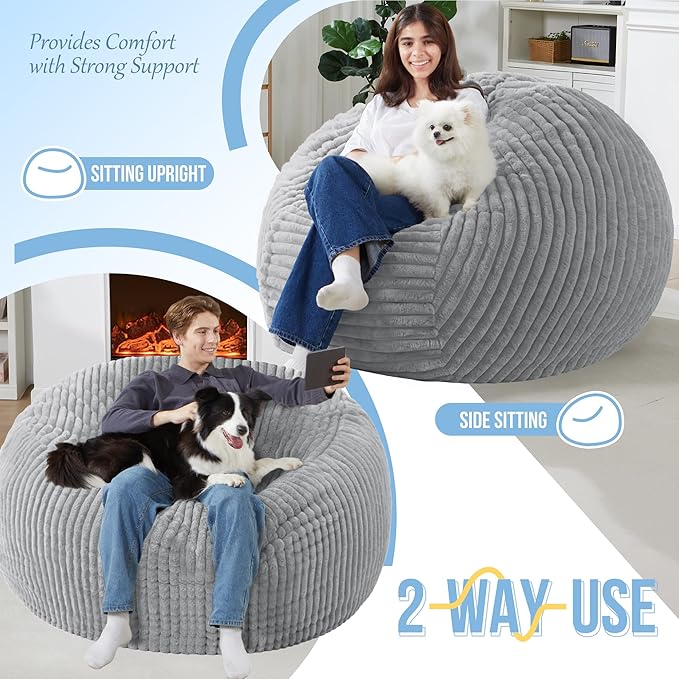 Homguava 6 FT Bean Bag Chair,6' Big Bean Bag,Giant Bean Bag Chairs for Adults with Memory Foam Filled,Comfy Large Beanbag Chairs Soft Bean Bag Sofa with Dutch Corded Plush Cover-Light Grey