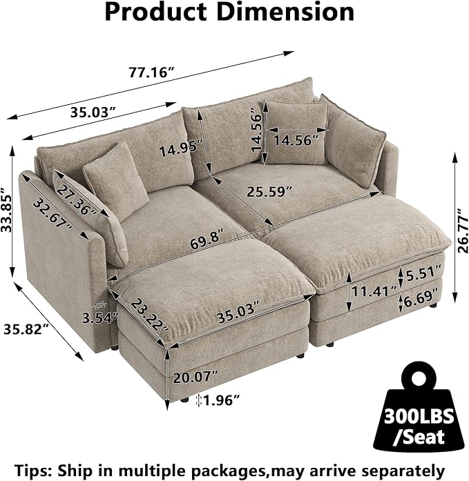 Aoowow Modular Sectional Sofa Modern Convertible Loveseat Couch,77.16 Inch Deep 2-Seater Sofas Comfy Chenille Cloud Sofas and Couches Set with 2 Movable Ottoman for Living Room Apartment（Camel）