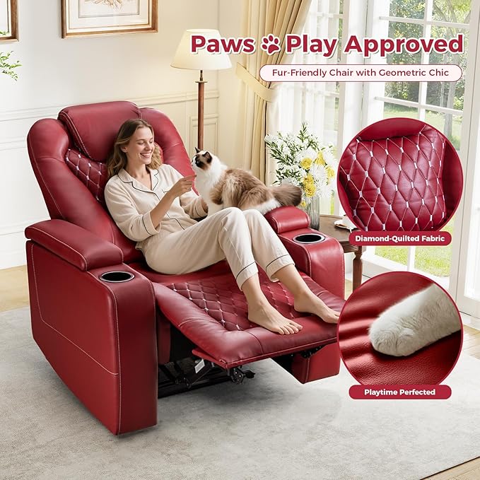 ANJ Power Recliner Chair Set of 3, Electric Soft Leather Reclining Home Theater Seating - USB Ports, Cup Holders, Hidden Arm Storage Movie & Media Room Chairs (Red)
