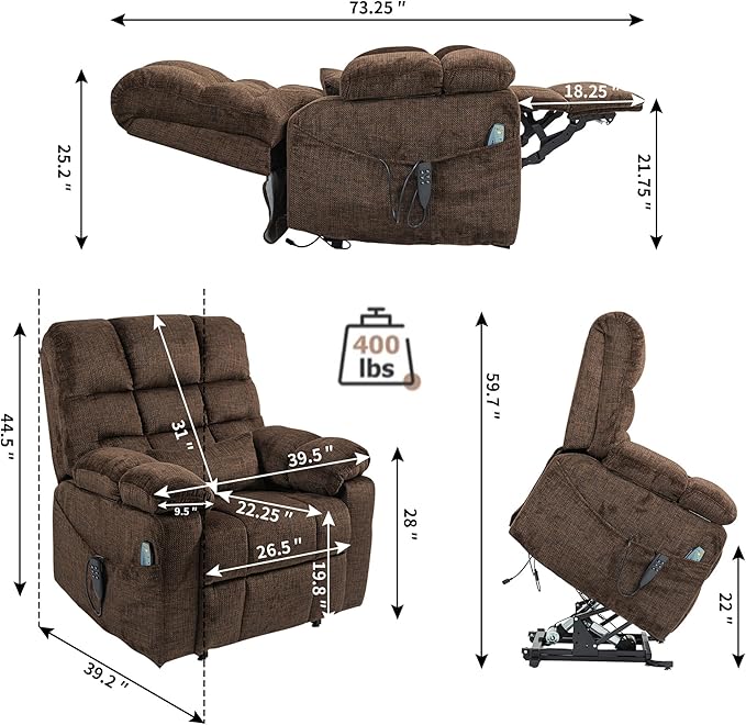 Comfortable Lifting Recliner Chair for Seniors, Power Lift Recliner Chair with Heat and Massage, Zero Gravity Lay Flat Recliner with Cup Holder for Elderly Big and Tall Men 400lbs, Brown