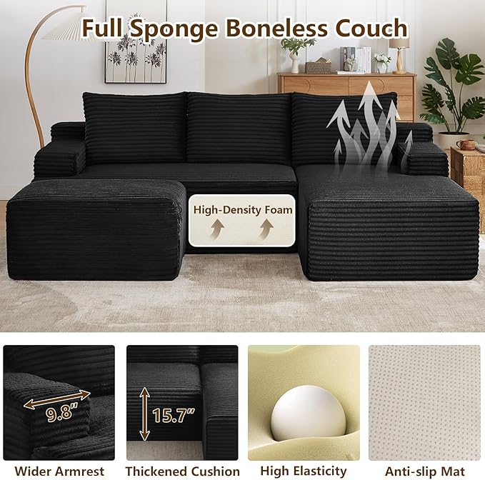 96" U-Shape Cloud Couch, Modern Modular Sectional L-Shape Sofa with Ottoman, Corduroy Upholstered Couches Deep Seat Sleeper Chaise Longue for Living Room, No Assembly Required(Black, Right Facing)