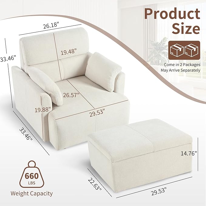 Snowflake Fleece Oversized Accent Chair with Storage Ottoman - 26.57" Wide Deep Seat Reading Chair, Convertible Daybed, 400lbs Capacity for Living Room & Apartment (Beige)