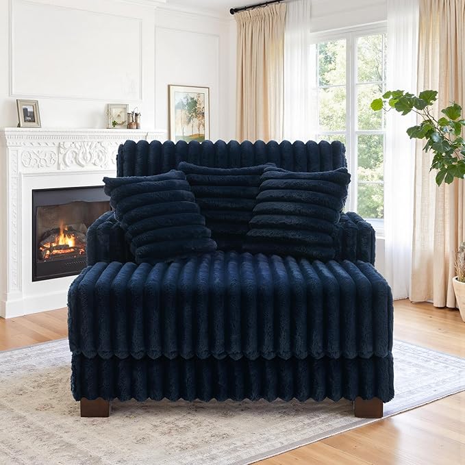 UIXE Chaise Lounge Chair Indoor, Oversized Sleeper Chair with 2 Cup Holders, Faux Fur Upholstered Sofa Bed Comfy Recliner Solid Wood Frame Reading Seat for Living Room, Bedroom, Apartment - Navy