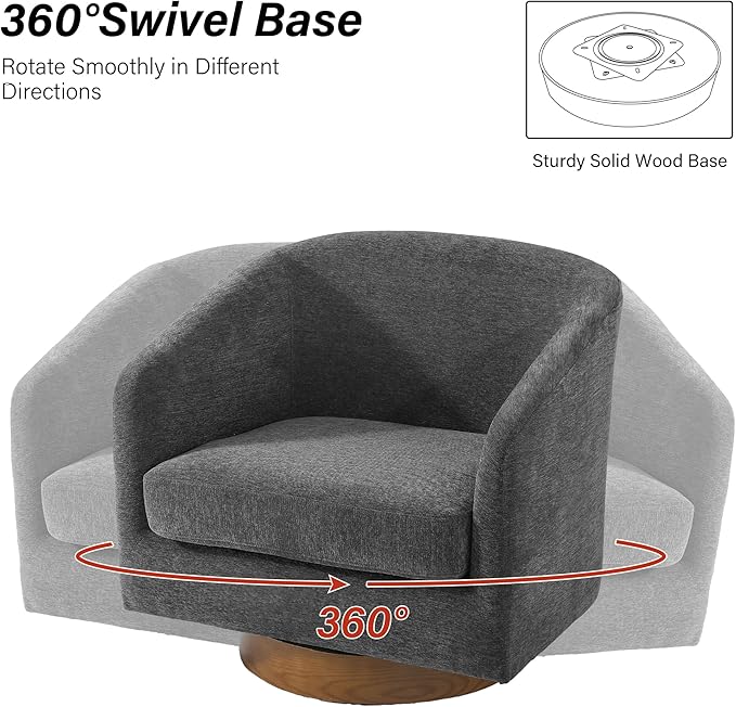 Swivel Barrel Chair, Modern Round PU Leather Accent Armchair for Living Room, Bedroom, Oversized Comfy Club Reading Chairs for Adults (Chenille Grey, Set of 2)