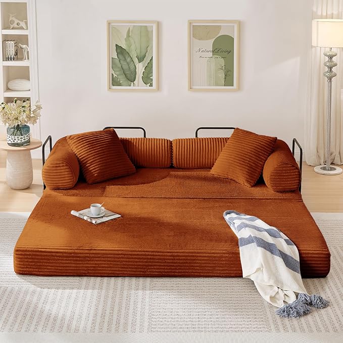 Modular Couch Bed, Convertible Folding Plush Corduroy Comfy Floor Memory Foam Compression Loveseat Sleeper Sofa Couch, King Size Bed for Guest Room Living Room Bedroom, No Assembly Required, Orange
