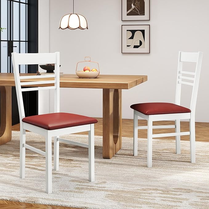 Giantex Wooden Dining Chairs Set of 2, Armless Kitchen Chairs w/Slat Backrest, Upholstered PU Seat, Rubber Wood Frame, Modern Dinette Furniture Set for Dining Room, Living Room