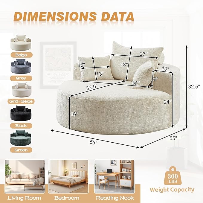 55"W Oversized Round Chair Lounge Chaise Indoor, Upholstered Comfy Circle Sofa Armchair, Modern Cozy Boneless Foam Floor Reading Chair for Living Room, Bedroom, No Assembly Required(Chenille, Beige)