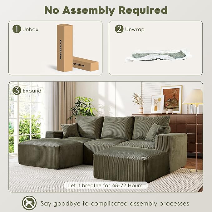 108” U-Shaped Sectional Sofa Couch with High-Seat, Corduroy Modular Cloud Sofa with Chaise ‌and Ottoman, Modern Couches for Living Room, No Assembly Require, Green