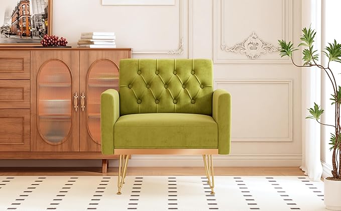 Accent Chair for Living Room, Comfy Oversized Velvet Upholstered Arm Chairs, Mid Century Modern Reading Single Sofa Side Chair with Tufted Back and Gold Legs for Bedroom (1, Olive Green)